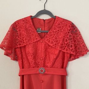 Vintage 70s prom dress lace capr coral rhinestone belt maxi